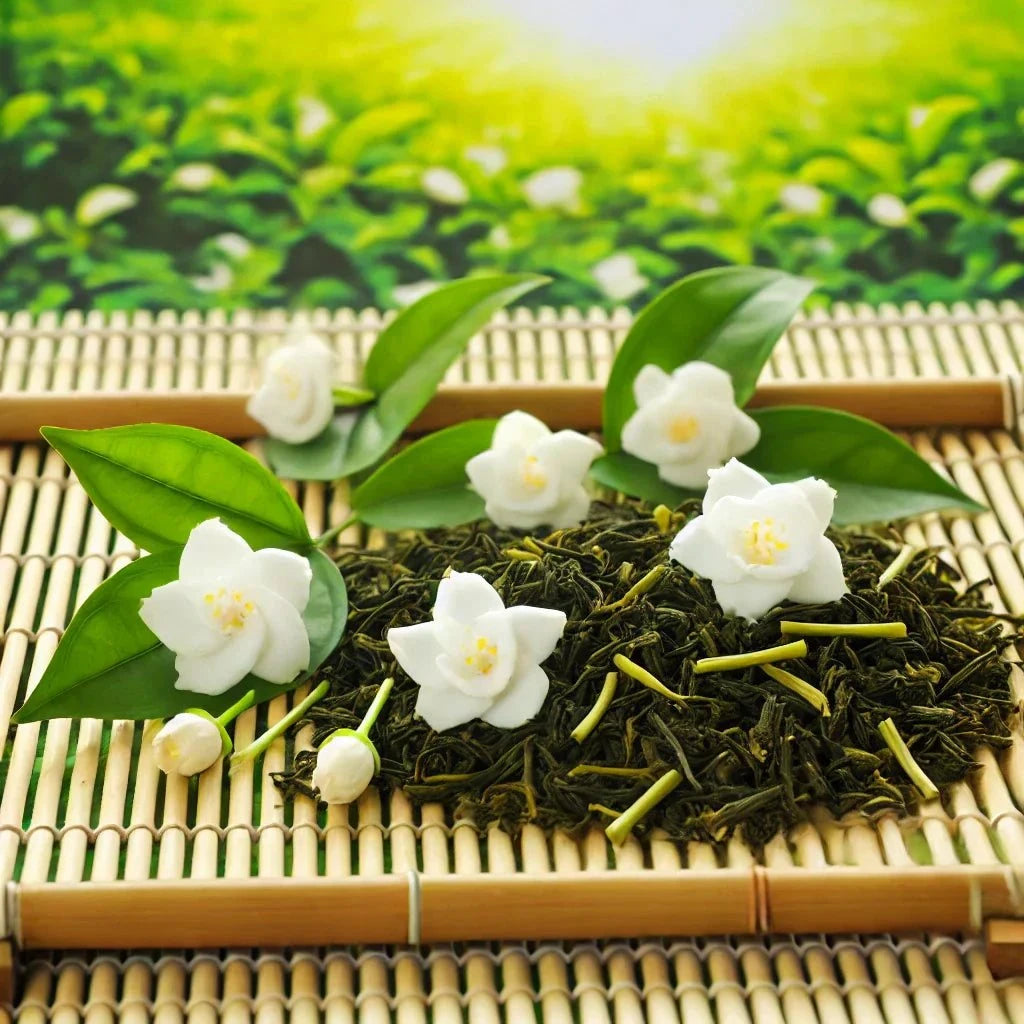 Thé Jasmin- Feuilles de thé vert et fleurs de jasmin harmonieusement présentées dans une ambiance lumineuse, mettant en valeur leur qualité et leur élégance artisanale.