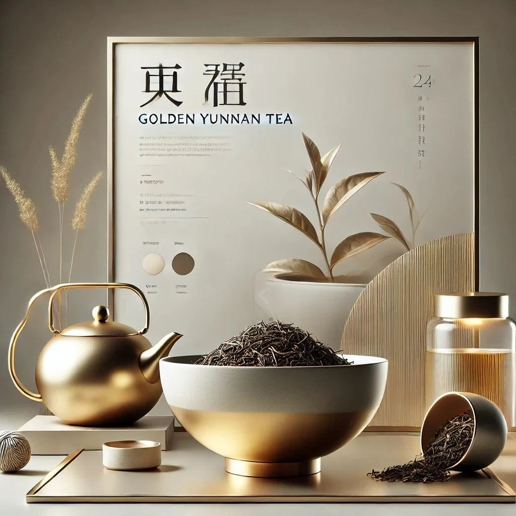 Thé noir Golden Yunnan GFOP BIO présenté avec des accessoires en or sur une table élégante.