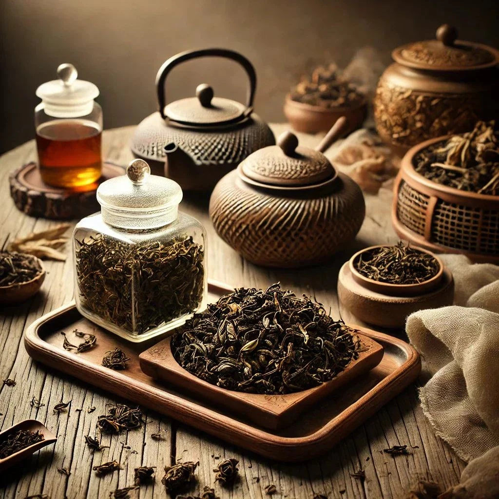 Un assortiment artisanal de feuilles de Thé Rouge Pu Ehr disposées avec élégance, capturant la richesse et les nuances de leurs textures dans une ambiance chaleureuse.