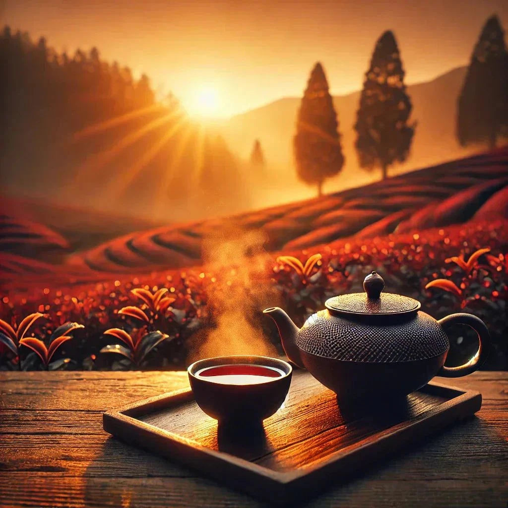 Une présentation soignée avec une théière et une tasse sur un fond rustique, mettant en valeur l'élégance et la chaleur d'une collection de Thé Rouge Pu Ehr raffinés.