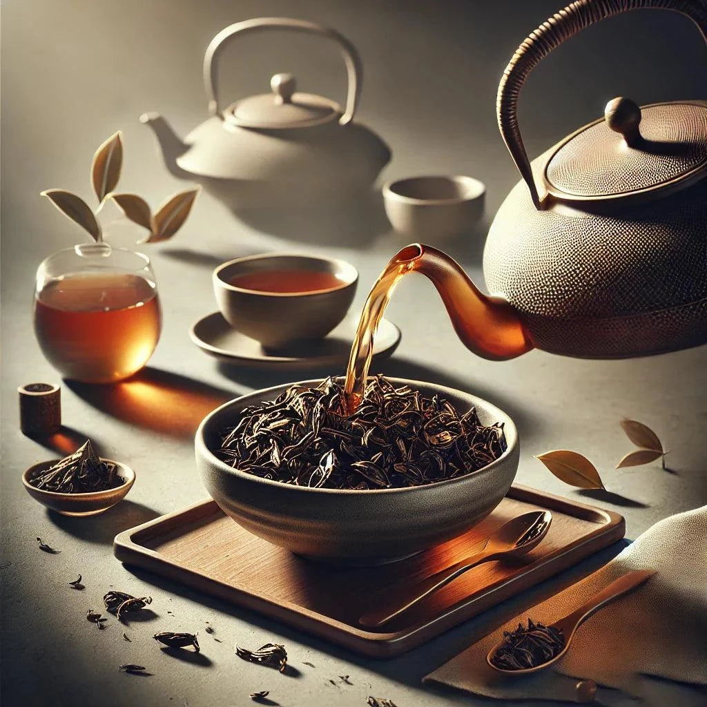 Feuilles de Thé Rouge Pu Ehr dans un bol, théière en train de verser avec quelques tasses et pot de miel en arrière-plan.