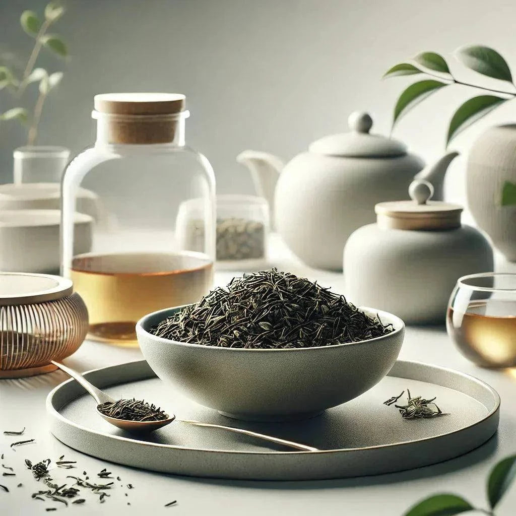 Vietnam Mao Feng white tea with delicate young leaves in a serene tea set arrangement.