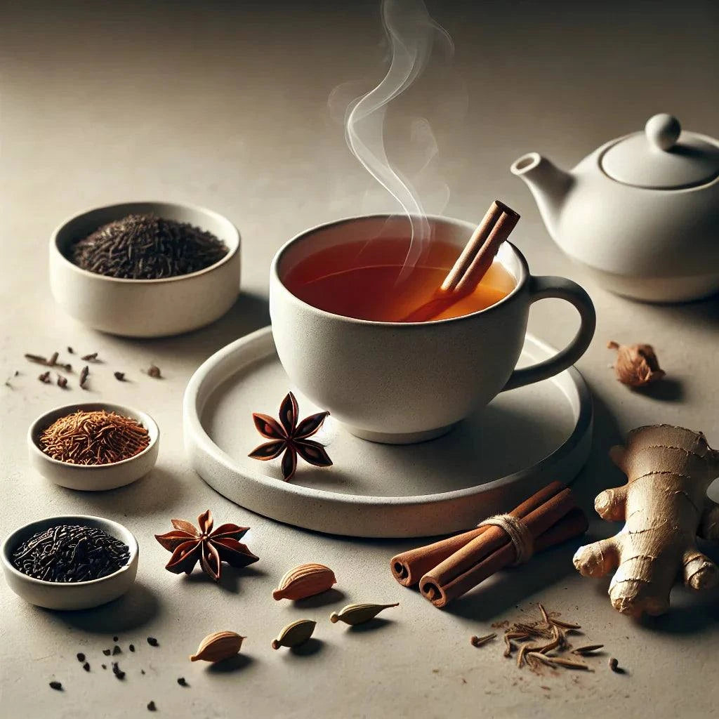Tasse de chai matin avec thé noir Assam, cannelle, gingembre et épices, accompagnée de gingembre et épices en vrac.