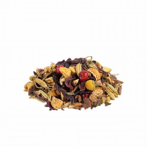 Infusion en vrac composée de plantes et d’épices séchées, aux tons verts, bruns, jaunes et rouges, avec fleurs et baies
