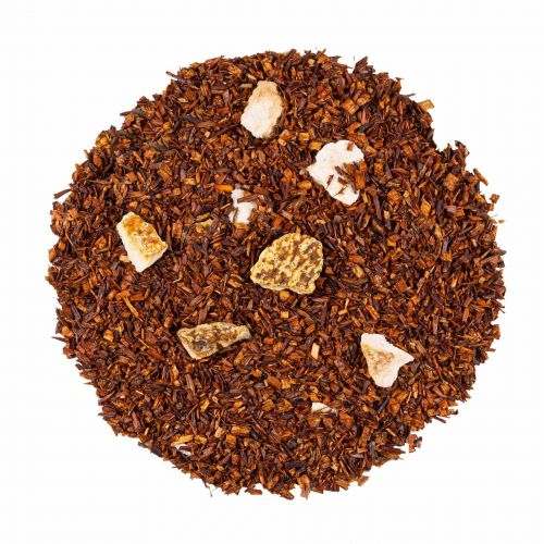 Rooibos tea blend with orange peel pieces.
