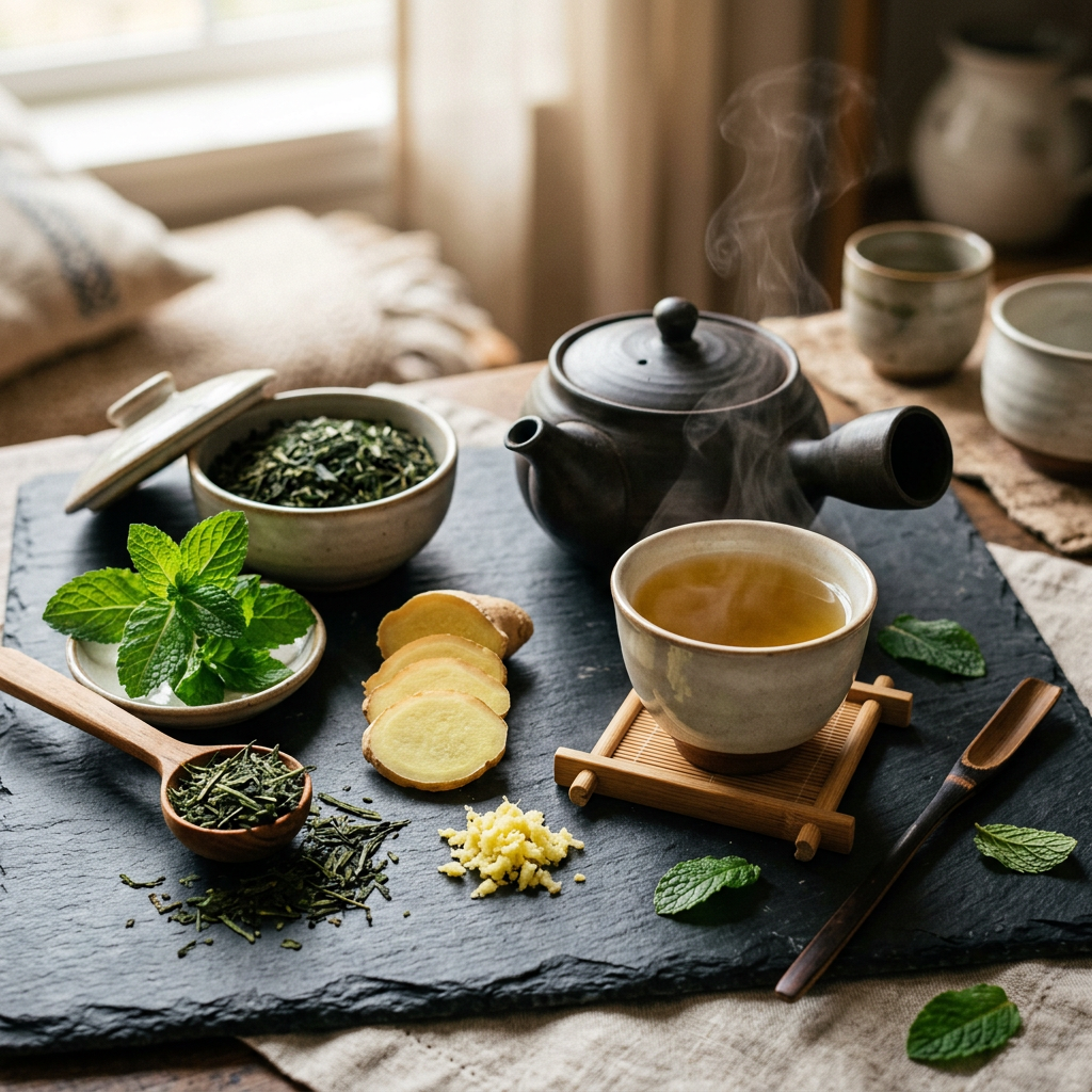 Thé gingembre menthe présenté en infusion ambrée, accompagné de feuilles de thé, menthe fraîche et tranches de gingembre