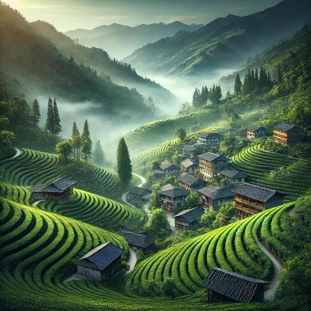 Paysage pittoresque des montagnes du Yunnan avec terrasses de thé luxuriantes et village traditionnel.