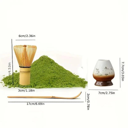 Ensemble Matcha 5 pièces avec bol, fouet en bambou, cuillère, tamis et support, idéal pour préparer du thé Matcha authentique.