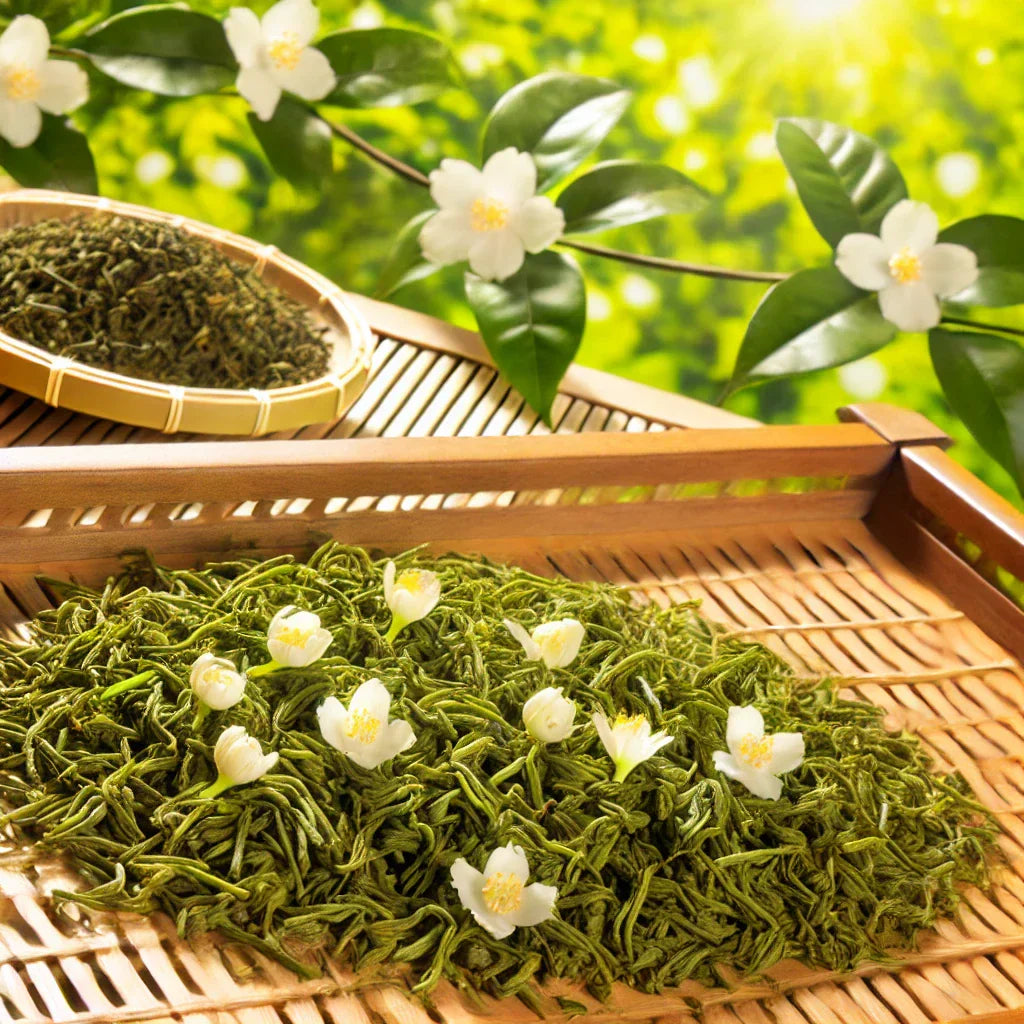 Thé Jasmin- Un mélange délicat de feuilles de thé vert et de fleurs de jasmin, disposé sur un plateau en bambou, capturant leur fraîcheur et leur texture naturelle.