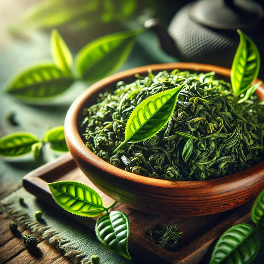 Thé Vert China Sencha- Un présentoir raffiné avec des feuilles de thé soigneusement arrangées, baigné par une lumière naturelle qui accentue les nuances vibrantes et la qualité du produit.