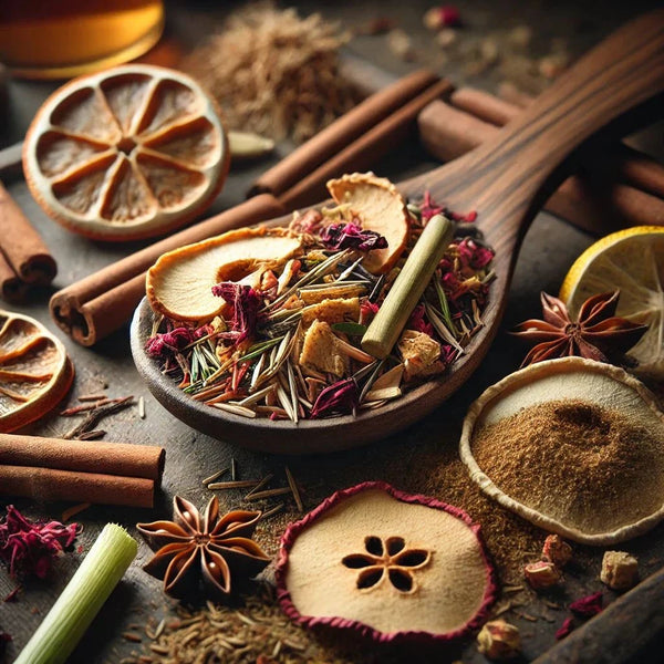 Mélange d'ingrédients pour la tisane d'hiver , attrayante avec des morceaux de fruits et des herbes séchées, offrant une palette de couleurs naturelles et réconfortantes.