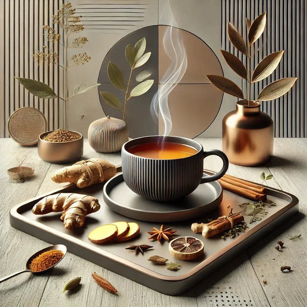 Tasse de thé Ayurveda Pur avec ingrédients : cannelle, gingembre, poivre rose, clou de girofle, cardamome. Expérience sensorielle inspirée des traditions ayurvédiques.