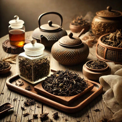 Un assortiment artisanal de feuilles de Thé Rouge Pu Ehr disposées avec élégance, capturant la richesse et les nuances de leurs textures dans une ambiance chaleureuse.