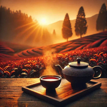 Une présentation soignée avec une théière et une tasse sur un fond rustique, mettant en valeur l'élégance et la chaleur d'une collection de Thé Rouge Pu Ehr raffinés.