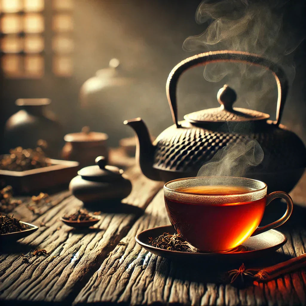 Thé Rouge Pu Ehr Une tasse fumante dans une ambiance chaleureuse, accompagnée d’une théière ancienne sur une table en bois. Un moment de calme et de sérénité.