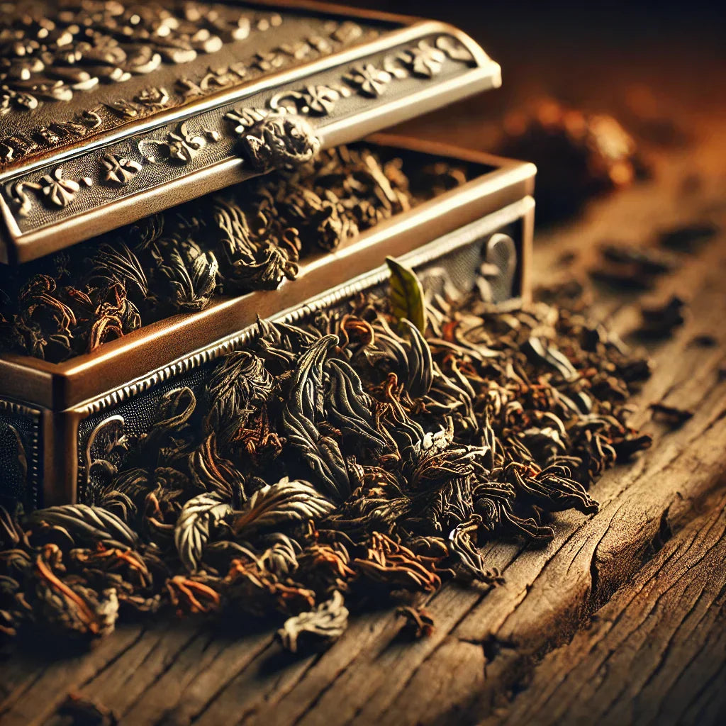 Thé Rouge Pu Ehr Une tasse fumante dans une ambiance chaleureuse, accompagnée d’une théière ancienne sur une table en bois. Un moment de calme et de sérénité.