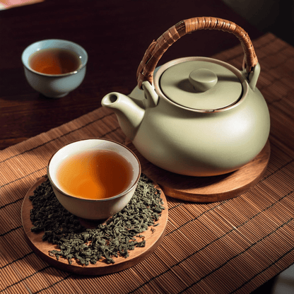 China Oolong tea with teapot and brewed tea in ceramic cups, showcasing complex and nuanced flavors.