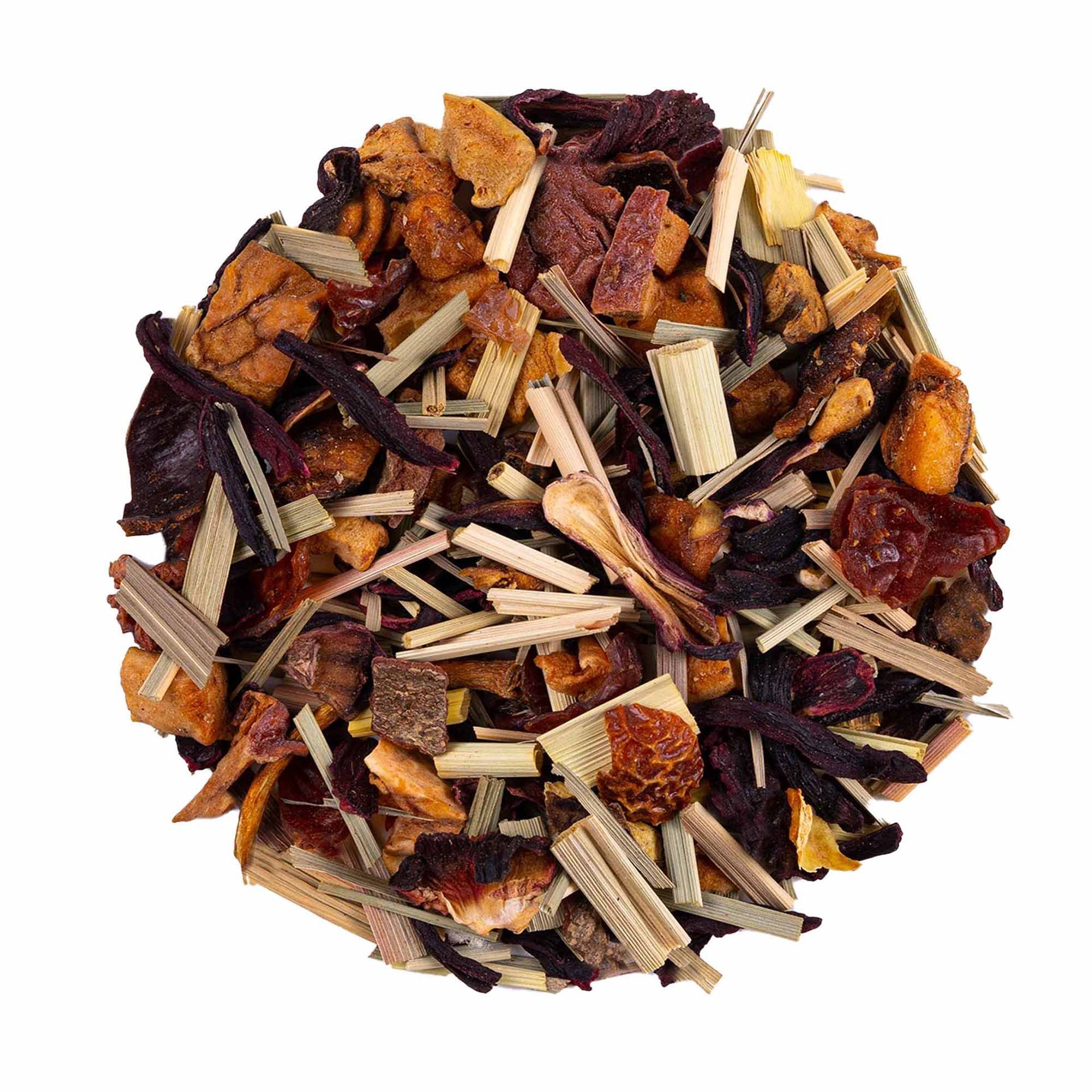 Une Tisane avec un mélange coloré d’ingrédients naturels disposés avec soin, conçu pour évoquer une ambiance de détente et de sérénité.