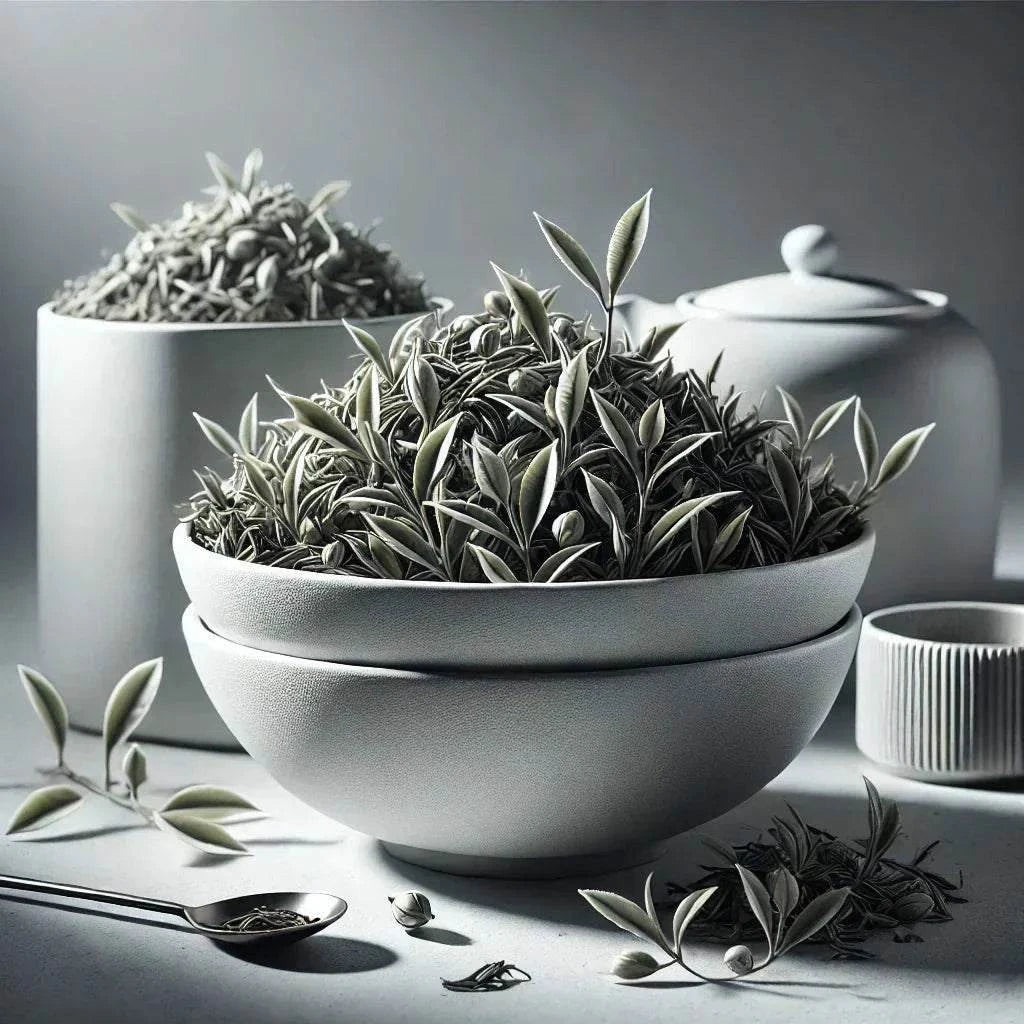 Vietnam Mao Feng white tea leaves in a ceramic bowl.