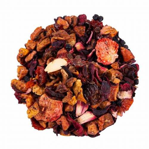 Infusion Baies Sauvages composée de morceaux de fruits rouges et de plantes séchés, aux tons rouge, brun et violet.