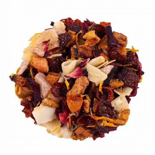 Infusion en vrac aux morceaux de fruits et fleurs, mêlant rouge profond, orange, crème et touches de rose.