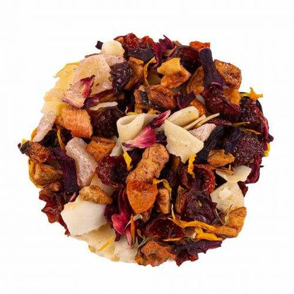 Infusion en vrac aux morceaux de fruits et fleurs, mêlant rouge profond, orange, crème et touches de rose.