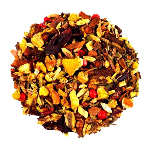 Infusion en vrac aux plantes et épices, mélange brun et orangé avec graines, morceaux d'écorce et baies rouges