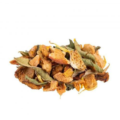Infusion pour le Soir en morceaux de fruits et feuilles séchés, aux teintes vertes, orangées et brunes, mélange en vrac.