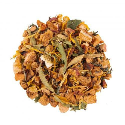 Infusion pour le Soir en vrac, mélange de morceaux de pomme et d’écorces d’orange avec des feuilles et fleurs séchées.