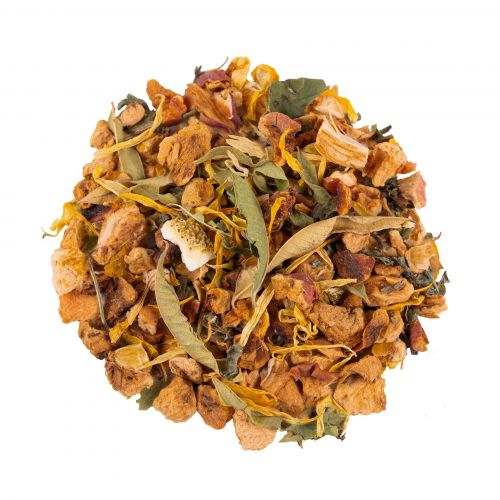 Infusion pour le Soir en vrac, mélange de morceaux de pomme et d’écorces d’orange avec des feuilles et fleurs séchées.