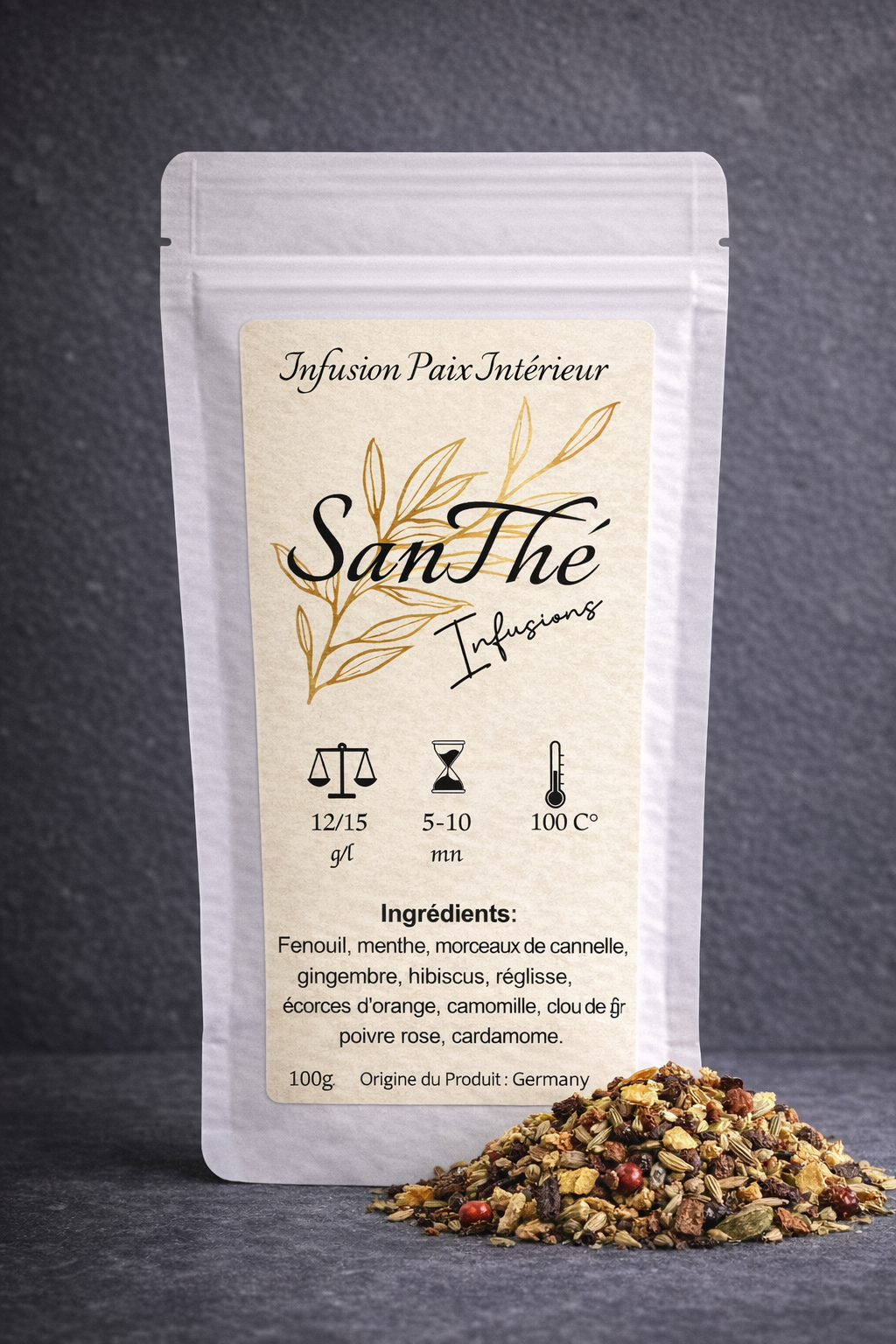 Infusion en mélange de plantes et d’épices dans un sachet blanc, avec fenouil, hibiscus, cannelle et baies visibles