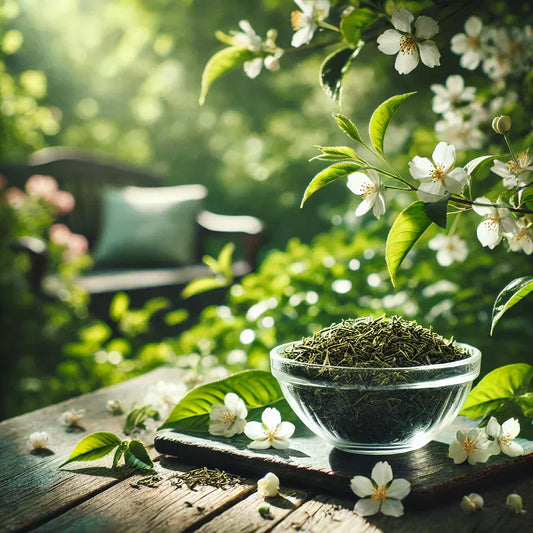 Thé Jasmin -Un gros plan de feuilles de thé vert mélangées à des fleurs de jasmin, capturant les textures délicates et les nuances naturelles dans une ambiance lumineuse.