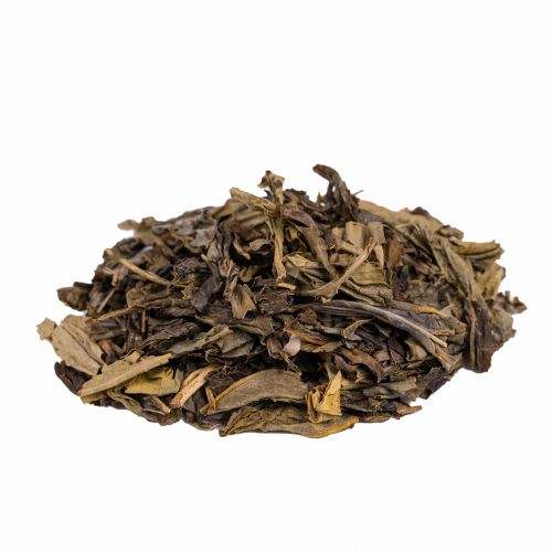 Thé vert China Sencha Décaféiné, feuilles sèches élégantes et raffinées.