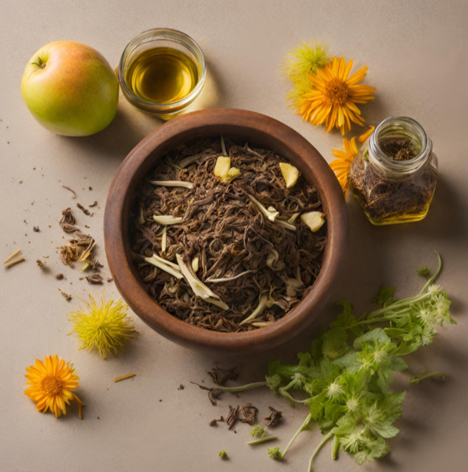 Feuilles et ingrédients naturels soigneusement préparés pour une infusion équilibrée et relaxante.